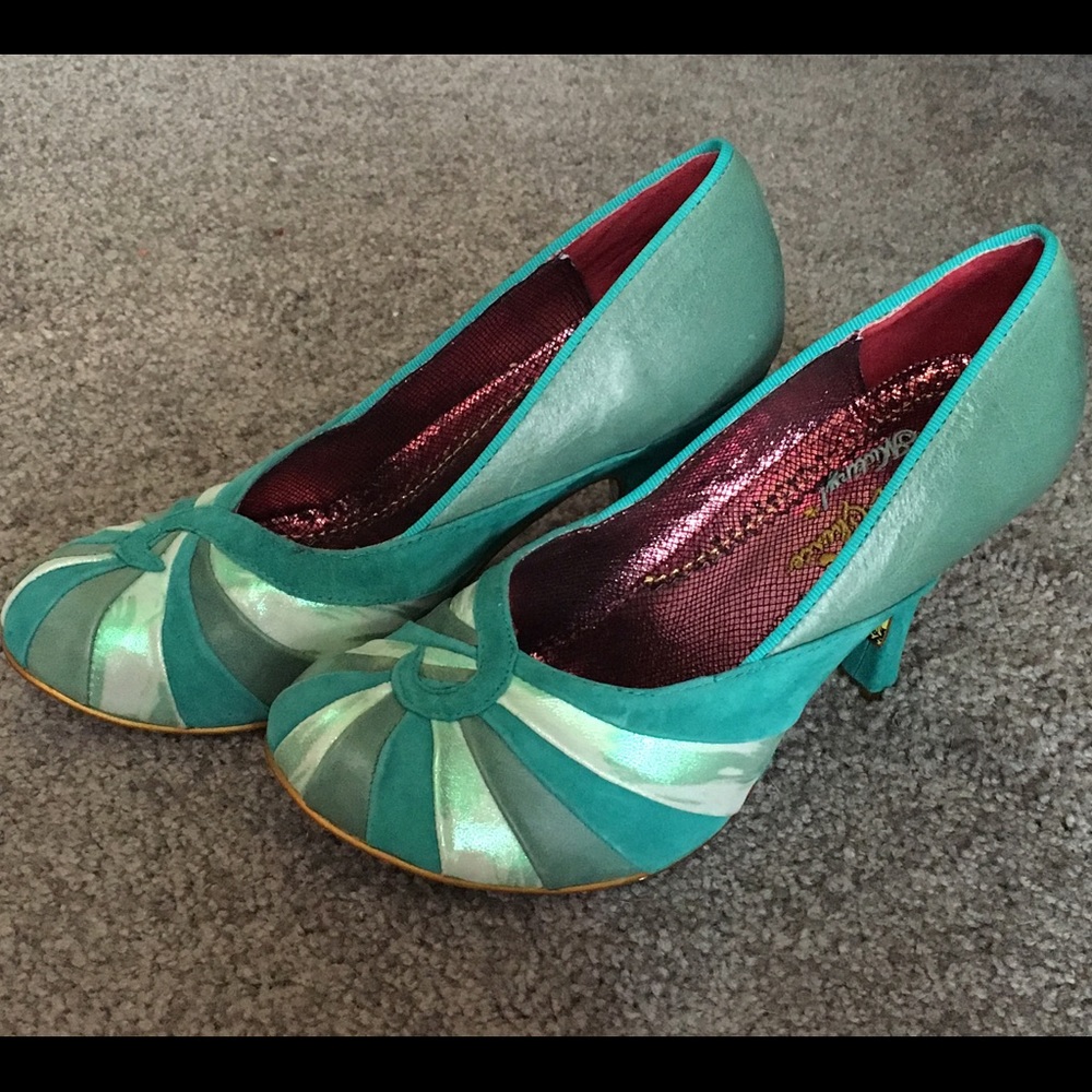 Irregular Choice Teal and Mint Green Peep-Toe Heels